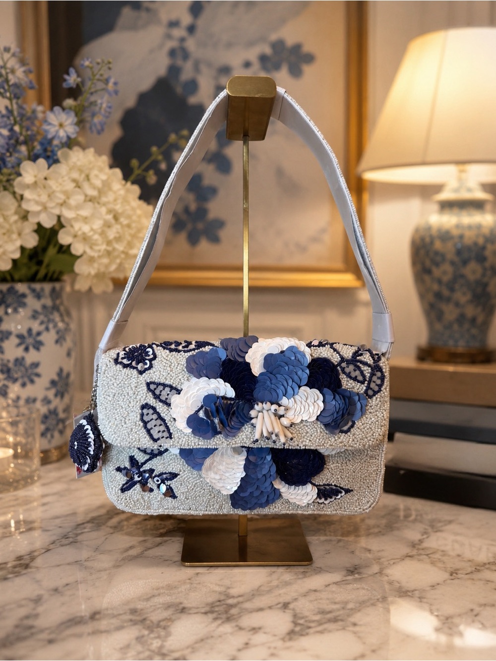 White & Blue Beaded Floral Shoulder Bag